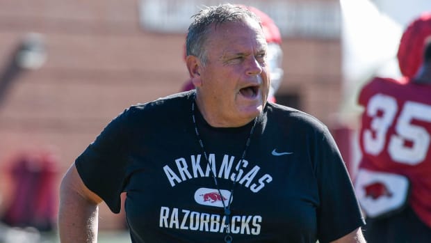 Razorbacks coach Sam Pittman during Tuesday morning's practice on the outdoor fields